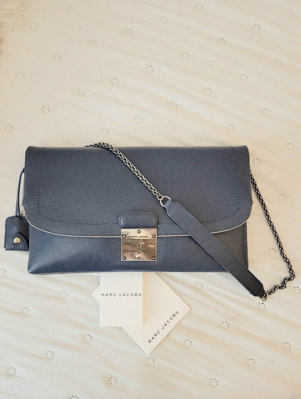 Marc Jacobs Polly Navy Leather Envelope Chain Clutch Shoulder Bag White Piping